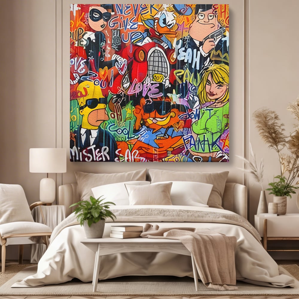 Tablou canvas cu tablou canvas cu personaje din desene animate si graffiti, fara rama, pe sasiu de lemn, pe perete intr-un dormitor